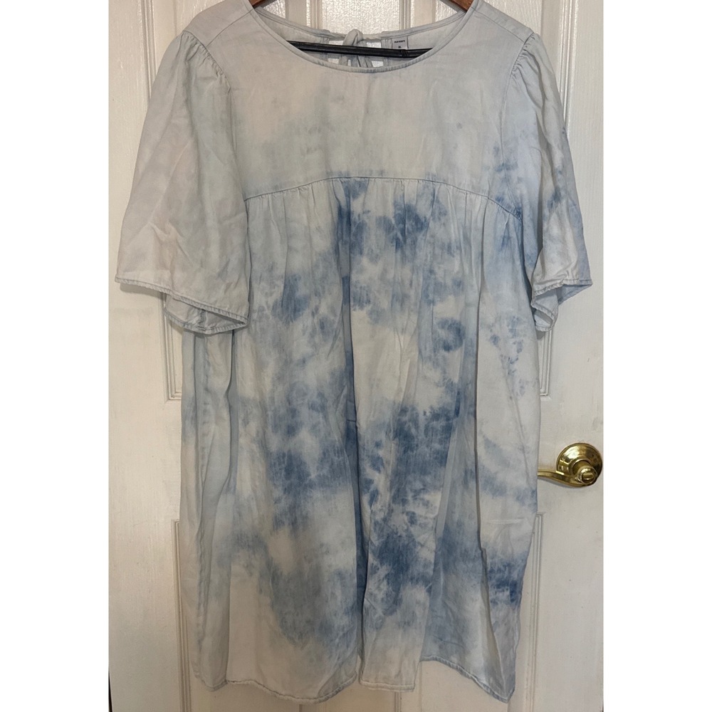 Old‎ Navy Tie Dye Babydoll Dress Womens XL Blue White Denim Mini Tie Back